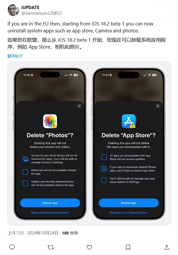 木棠镇苹果手机维修分享iOS 18.2 支持删除 App Store 应用商店 