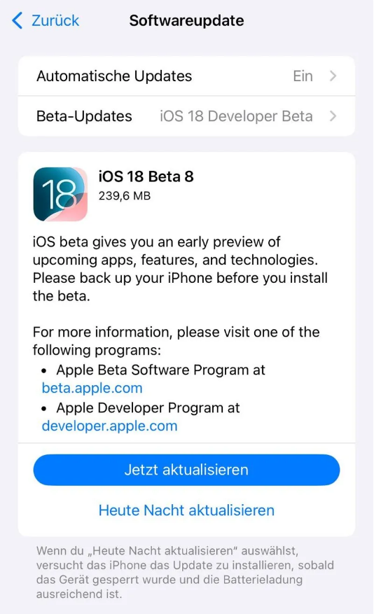 木棠镇苹果手机维修分享苹果 iOS / iPadOS 18 开发者预览版 Beta 8 发布 